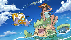Rule 34 | 1girl, :d, alternate color, arm support, barefoot, breasts, cleavage, cloud, commentary, creatures (company), day, dress, eyewear on headwear, flower, game freak, gen 3 pokemon, gen 7 pokemon, gigobyte350, hand up, hat, hat flower, highres, long hair, lotad, ludicolo, nintendo, open mouth, outdoors, poipole, pokemon, pokemon (creature), pokemon sm, riding, riding pokemon, shiny pokemon, sightseer (pokemon), sky, smile, strapless, strapless dress, sunglasses, teeth, toes, ultra beast, upper teeth only, water, wingull, yellow flower