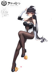 Rule 34 | 1girl, absurdres, animal ears, arm support, azur lane, bare shoulders, black hair, black pantyhose, bodystocking, bow, breasts, cleavage cutout, clothing cutout, dog ears, elbow gloves, extra ears, fingerless gloves, full body, gloves, green eyes, hair bow, hair ears, hair flaps, hand up, heart, high heels, highres, knee up, large breasts, long hair, manjuu (azur lane), multicolored leotard, nanqizizhou, navel, pantyhose, ponytail, race queen, salute, sitting, takao (azur lane), takao (full throttle charmer) (azur lane), two-tone leotard, unitard, white background, white bow
