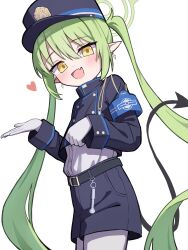 Rule 34 | 1girl, absurdres, belt, black belt, black hat, black jacket, black shorts, black tail, blue archive, blush, buttons, cowboy shot, demon tail, earrings, fang, gloves, green hair, hat, heart, nozomi (blue archive), highres, jacket, jewelry, long hair, long sleeves, looking at viewer, open mouth, pantyhose, peaked cap, pointy ears, shirt, shorts, simple background, skin fang, smile, solo, tadashisa, tail, twintails, white background, white gloves, white pantyhose, white shirt, yellow eyes