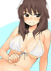 Rule 34 | 1girl, bikini, blush, breasts, brown eyes, brown hair, front-tie top, grin, highres, long hair, moru (monaka), navel, original, simple background, smile, solo, swimsuit, wet, wet clothes, wet swimsuit, white bikini