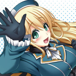 Rule 34 | 10s, 1girl, :d, atago (kancolle), beret, black gloves, blonde hair, blush, breasts, gloves, green eyes, hat, jacket, kantai collection, large breasts, long hair, looking at viewer, military jacket, open mouth, personification, smile, solo, sunny (hono)