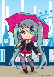 Rule 34 | 1girl, absurdres, bad id, bad pixiv id, blue eyes, blue hair, blush, boots, chibi, clock, clock tower, collared shirt, cropped jacket, elizabeth tower, ferris wheel, hair ornament, hairclip, hatsune miku, hatsune miku expo, highres, holding, holding umbrella, irarugii, jacket, leather, leather jacket, london, long hair, looking to the side, shirt, smile, solo, sparkle, sweater, tower, twintails, umbrella, very long hair, vocaloid