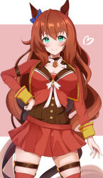 Rule 34 | 1girl, absurdres, animal ears, aqua eyes, blue bow, blush, bow, breasts, brown hair, cleavage, closed mouth, commentary request, cowboy shot, ear bow, hair between eyes, hand on own hip, heart, highres, horse ears, horse girl, horse tail, large breasts, long hair, maruzensky (umamusume), newon, pink background, pleated skirt, red serafuku, red skirt, red thighhighs, sailor collar, school uniform, serafuku, skirt, smile, solo, tail, thigh strap, thighhighs, two-tone background, umamusume, very long hair, white background, white bow