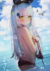 Rule 34 | 1girl, animal, bad id, bad twitter id, bare arms, bikini, unworn bikini top, bird, black bikini, blue sky, blunt bangs, blurry, breasts, closed mouth, cloud, cloudy sky, covering privates, covering breasts, cross hair ornament, day, facial mark, from side, frown, girls&#039; frontline, green eyes, hair ornament, hair ribbon, hanato (seonoaiko), highres, hk416 (girls&#039; frontline), lens flare, long hair, looking at viewer, looking to the side, outdoors, ribbon, silver hair, sky, small breasts, solo, sunlight, swimsuit, topless, twitter username, wading, water