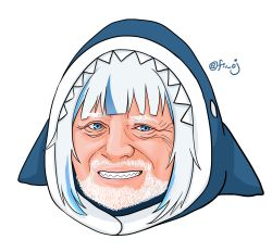 Rule 34 | 1boy, animal hood, beard, blue eyes, blue hair, blunt bangs, commentary request, facial hair, gawr gura, hide the pain harold, highres, hololive, hololive english, hood, light blue hair, looking at viewer, meme, mixed-language commentary, mustache, old, otaku cheng, shark hood, sharp teeth, sidelocks, smile, solo, teeth, transparent background, twitter username, virtual youtuber, white facial hair