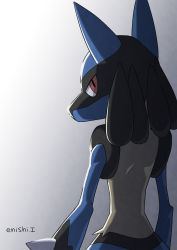 Rule 34 | bad id, bad pixiv id, commentary request, creatures (company), furry, game freak, gen 4 pokemon, gradient background, highres, looking at viewer, looking back, lucario, nintendo, pokemon, pokemon (creature), red eyes, signature, solo, spikes, yellow fur, yukari (yukari21653710)