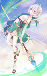 Rule 34 | 1girl, absurdres, ahoge, arm guards, bare shoulders, bird, blue eyes, blush, breasts, cloud, detached sleeves, dress, flower, from side, full body, hair between eyes, hair flower, hair ornament, highres, holding, holding weapon, jewelry, kaminarichyan, kokkoro (princess connect!), looking at viewer, looking to the side, multicolored clothes, multicolored dress, neck ring, parted lips, pointy ears, princess connect!, short hair, sidelocks, silver hair, sky, sleeveless, small breasts, solo, thighs, weapon, wind, wrist guards