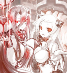 Rule 34 | 10s, 2girls, :d, abyssal ship, airfield princess, asymmetrical docking, battleship princess, black hair, breast press, breasts, cleavage, horns, kantai collection, large breasts, long hair, looking at viewer, monster, multiple girls, okitakung, open mouth, pale skin, parted lips, personification, red eyes, skin-covered horns, smile, spaghetti strap, white hair