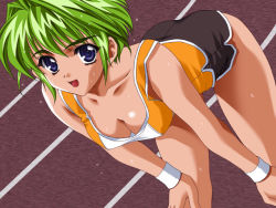 Rule 34 | 1girl, bent over, blue eyes, breasts, carnelian, cleavage, game cg, green hair, open mouth, running track, short hair, shorts, solo, sweat, white angel
