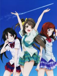 Rule 34 | &gt;:), 10s, 3girls, :d, absurdres, arms up, black hair, blue sky, brown eyes, brown hair, contrail, day, dress shirt, highres, legs, long hair, love live!, love live! school idol project, low twintails, minami kotori, multiple girls, necktie, nishikino maki, non-web source, official art, one side up, open mouth, otonokizaka school uniform, outdoors, outstretched arms, pleated skirt, purple eyes, red eyes, red hair, school uniform, shirt, skirt, sky, smile, standing, teeth, twintails, v-shaped eyebrows, very long hair, yazawa nico