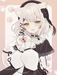 Rule 34 | 1girl, :d, animal ear fluff, animal ears, beret, black bow, black capelet, black dress, black hat, black ribbon, blush, border, bow, capelet, cat ears, cat girl, cat tail, commission, cowboy shot, dot nose, dress, earrings, frilled capelet, frilled shirt, frills, fuwa toco, grey hair, hair bow, hair ribbon, hat, highres, jewelry, long bangs, long hair, long sleeves, neck garter, open mouth, original, outside border, paw print, pink border, puffy long sleeves, puffy sleeves, ribbon, shirt, signature, simple background, skeb commission, smile, solo, tail, watermark, white background, white shirt, yellow eyes