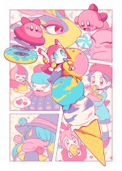 Rule 34 | 6+girls, ^ ^, adeleine, aqua hair, aqua shirt, artist name, bag, beret, black skirt, blue eyes, blush, blush stickers, border, bouncy (kirby), bow, candy, cherry, chuchu (kirby), circle, claycia, closed eyes, closed mouth, collared shirt, commentary request, crown, doughnut, drawcia, dress, drooling, elline (kirby), eyelashes, fairy, fairy wings, food, food on face, fruit, gloves, grey hair, grey skirt, hair between eyes, hair over eyes, hair over one eye, hair ribbon, hand up, hands up, hat, heart, heart-shaped lollipop, holding, holding candy, holding food, holding lollipop, holding spoon, ice cream, ice cream cone, kirby, kirby (series), limited palette, lollipop, long hair, long sleeves, looking at another, macaron, midooka (o k k), multiple girls, nintendo, one eye covered, open mouth, outside border, parted bangs, pink bow, pink hair, pink scarf, plate, polka dot, polka dot bow, polka dot headwear, polka dot scarf, polka dot shirt, pudding, purple headwear, queen sectonia, rayman limbs, red dress, red footwear, red headwear, red ribbon, ribbon, ribbon (kirby), scarf, shaped lollipop, shirt, shoes, short hair, skirt, smile, sparkle, speech bubble, spoken heart, spoon, standing, star (symbol), susie (kirby), taiyaki, triangle, triple scoop, twitter username, wagashi, watermark, white border, white shirt, wings, witch hat, yellow background, yellow eyes, yellow gloves