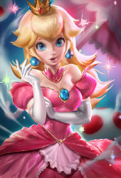 Rule 34 | 1girl, bare shoulders, blonde hair, blue eyes, blurry, breasts, choker, cleavage, crown, depth of field, dress, earrings, elbow gloves, female focus, gem, gloves, gradient background, jewelry, lips, long hair, looking at viewer, mario (series), nintendo, off-shoulder dress, off shoulder, open mouth, pink dress, princess peach, sakimichan, smile, solo, sparkle, strapless, strapless dress, super mario bros. 1, umbrella, upper body