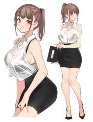 Rule 34 | 1girl, 3:, bare arms, bare legs, bare shoulders, black bra, black footwear, black skirt, blush, bra, bra visible through clothes, breasts, brown hair, closed mouth, collarbone, collared shirt, commentary request, flats, large breasts, long hair, looking at viewer, looking to the side, multiple views, open mouth, orange eyes, original, pencil skirt, ponytail, popqn, see-through, shirt, sidelocks, simple background, skirt, sleeveless, sleeveless shirt, standing, sweat, teacher, underwear, wet, wet clothes, wet shirt, white background, white shirt