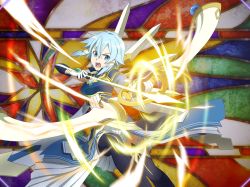 Rule 34 | 1girl, armor, arrow (projectile), blue armor, blue eyes, blue hair, blue thighhighs, bow (weapon), breastplate, game cg, gloves, hair tubes, holding, holding arrow, holding bow (weapon), holding weapon, miniskirt, open mouth, shoulder armor, sidelocks, sinon (solus), skirt, solo, stained glass, sword art online, sword art online: alicization, sword art online: alicization rising steel, sword art online: unleashed blading, thighhighs, thighs, weapon, white gloves, white skirt, zettai ryouiki