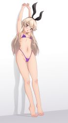 Rule 34 | 1girl, arms up, barefoot, bikini, black eyes, black hairband, blonde hair, breasts, commentary, commission, feet, flag print, full body, gluteal fold, gradient background, grey background, hairband, highleg, highleg bikini, highres, kantai collection, legs, long hair, navel, open mouth, p-nekoe, purple bikini, shimakaze (kancolle), simple background, small breasts, solo, swimsuit, tiptoes, toes, union jack