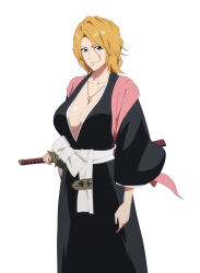 Rule 34 | &gt;:), 1girl, absurdres, arm at side, badge, black kimono, bleach, bleach: sennen kessen-hen, blue eyes, breasts, cleavage, closed mouth, commentary, eyelashes, feet out of frame, fukutaichou badge, hair between eyes, highres, holding, holding sword, holding weapon, japanese clothes, jewelry, katana, kimono, large breasts, long sleeves, looking at viewer, matsumoto rangiku, medium hair, mole, mole under mouth, necklace, obi, orange hair, pink shawl, sash, shawl, simple background, smile, solo, standing, sword, v-shaped eyebrows, weapon, white background, wide sleeves, yoshino (laencl)