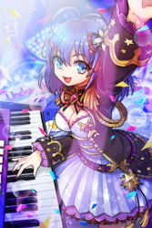 Rule 34 | 1girl, :d, antenna hair, arm up, belt, blue eyes, blue hair, breasts, cleavage, cowboy shot, crevasse (sword girls), dress, epaulettes, instrument, long sleeves, looking at viewer, lowres, matching hair/eyes, medium breasts, music, open mouth, piano, playing instrument, pleated dress, short hair, smile, solo, standing, star (symbol), sword girls, white dress
