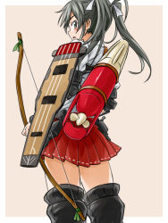 Rule 34 | 10s, 1girl, black hair, blush, bow (weapon), brown eyes, from behind, gloves, hair ribbon, japanese clothes, kantai collection, long hair, looking at viewer, looking back, personification, punto, ribbon, skirt, solo, thighhighs, twintails, weapon, zuikaku (kancolle)