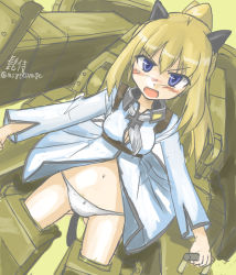 Rule 34 | 1girl, animal ears, blonde hair, blue eyes, blush, breasts, cat ears, charlotte lueder, cleavage, cross, d:, d:&lt;, higezamurai (kurage gunsou), iron cross, long hair, mecha musume, military, military uniform, military vehicle, motor vehicle, msgtkurage, no pants, open mouth, panties, ponytail, simple background, solo, strap, strike witches, striker unit, tail, tank, tiger i, underwear, uniform, v-shaped eyebrows, vehicle, weapon, wehrmacht, witches of africa, world witches series