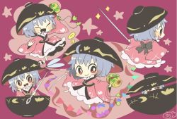 Rule 34 | 1girl, artist name, barefoot, black headwear, blush stickers, bowl, bowl hat, closed mouth, closed eyes, hat, holding, holding weapon, japanese clothes, kimono, long sleeves, miracle mallet, multiple views, needle sword, open mouth, pink kimono, purple hair, red eyes, round teeth, short hair, signature, smile, sukuna shinmyoumaru, teeth, touhou, upper teeth only, weapon, wide sleeves, yoshishi (yosisitoho)