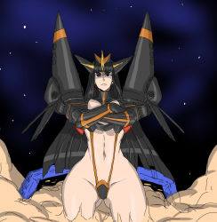Rule 34 | absurdres, adapted costume, bad id, bad pixiv id, black hair, cosplay, crossed arms, crossover, curvy, gluteal fold, gunbuster, gunbuster (cosplay), gunbuster pose, highres, kill la kill, kiryuuin satsuki, long hair, navel, parody, revealing clothes, serious, thick thighs, thighs, thong, top wo nerae!, usukawa, wide hips