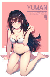 Rule 34 | 1girl, absurdres, ahoge, arm support, bare legs, barefoot, bikini, black hair, breasts, cleavage, closed mouth, collarbone, dated, full body, gluteal fold, highres, long hair, looking at viewer, medium breasts, navel, original, red background, red eyes, sidelocks, simple background, sitting, smile, solo, strap slip, swimsuit, yokozuwari, yuwan 2333