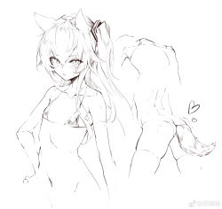 Rule 34 | 1girl, absurdres, anal, anal object insertion, anal tail, animal ear fluff, animal ears, ass, bikini, covered erect nipples, cowboy shot, fake tail, flat chest, girls&#039; frontline, greyscale, hair between eyes, halterneck, hand on own hip, heart, highres, kemonomimi mode, micro bikini, monochrome, multiple views, object insertion, parted lips, scar, scar across eye, scar on face, shanyao jiang tororo, string bikini, sweat, swimsuit, tail, thighhighs, ump45 (girls&#039; frontline), weibo watermark