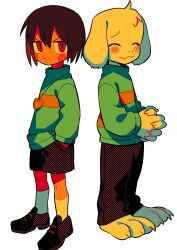 Rule 34 | 1boy, 1other, asriel dreemurr, blush stickers, brown hair, brown pants, brown shorts, chara (undertale), chara (undertale) (cosplay), claws, closed eyes, closed mouth, cosplay, facial mark, frown, full body, furry, furry male, green sweater, hair between eyes, hands in pockets, heart, heart necklace, highres, jewelry, long sleeves, menma (enaic31), necklace, no nose, nostrils, own hands clasped, own hands together, pants, red eyes, shorts, simple background, socks, sweater, undertale, white background, white socks
