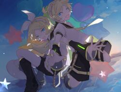 Rule 34 | 1boy, 1girl, :d, absurdres, black footwear, black sailor collar, black shorts, blonde hair, blue eyes, brother and sister, commentary request, detached sleeves, diamond-shaped pupils, diamond (shape), hair ornament, hair ribbon, hairclip, headphones, highres, kagamine len, kagamine rin, kajiwara 3, leg warmers, looking at viewer, nail polish, open mouth, puffy short sleeves, puffy sleeves, ribbon, sailor collar, shirt, short hair, short sleeves, shorts, siblings, sky, smile, star (sky), symbol-shaped pupils, twins, vocaloid, white ribbon, white shirt, wide sleeves, yellow nails