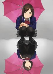 Rule 34 | 1girl, ass, black pantyhose, blazer, blue jacket, blush, bob cut, brown eyes, brown hair, commentary request, gusset, highres, holding, holding umbrella, jacket, knees together feet apart, loafers, long sleeves, looking at viewer, neckerchief, open mouth, original, panties, panties under pantyhose, pantyhose, pantyshot, pantyshot through reflection, pleated skirt, red neckerchief, reflection, school uniform, shirt, shoes, short hair, simple background, skirt, solo, squatting, thighband pantyhose, umbrella, underwear, upskirt, white panties, white shirt, yomu (sgt epper)