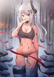 Rule 34 | 1girl, arknights, blood, blush, bowlp, breasts, covering own mouth, cuts, earrings, floating, floating object, hair ornament, highres, horns, injury, jewelry, large breasts, long hair, looking at viewer, mudrock (arknights), outdoors, pointy ears, red eyes, ribbon, silver hair, solo, stone
