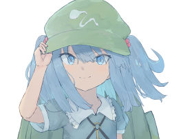 Rule 34 | 1girl, backpack, bag, blue eyes, blue hair, closed mouth, flat cap, green bag, green hat, hair bobbles, hair ornament, hand on headwear, hat, highres, kawashiro nitori, key, looking at viewer, short hair, short sleeves, simple background, smile, solo, touhou, two side up, upper body, white background, xp543387