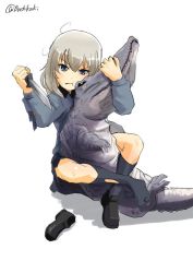 Rule 34 | 10s, 1girl, alligator, black footwear, black skirt, black socks, blue eyes, buchikaki, closed mouth, commentary, crocodilian, dress shirt, frown, girls und panzer, grey shirt, grimace, holding, holding knife, holding weapon, indian style, itsumi erika, knife, kuromorimine school uniform, loafers, long hair, long sleeves, looking at viewer, messy hair, miniskirt, one-hour drawing challenge, pleated skirt, school uniform, shadow, shirt, unworn shoe, shoes, unworn shoes, silver hair, simple background, sitting, skirt, socks, solo, torn clothes, torn shirt, torn socks, twitter username, v-shaped eyebrows, weapon, white background, wrestling