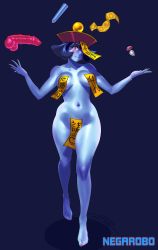 Rule 34 | 1girl, absurdres, blue skin, breasts, butt plug, capcom, colored skin, condom, dildo, hat, highres, jiangshi, large breasts, lei lei, purple hair, red eyes, robaato, sex toy, short hair, slit pupils, smile, solo, vampire (game)