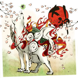 Rule 34 | amaterasu (ookami), animal, fire, issun, kinakomoti, no humans, ookami (game), petals, wolf