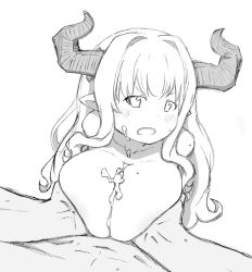 Rule 34 | 1boy, 1girl, blush, breasts squeezed together, breasts, cum, cum on body, cum on breasts, cum on upper body, draph, facial, granblue fantasy, highres, horns, large breasts, long hair, looking at viewer, monochrome, paizuri, pointy ears, pov, razia, syokopoko (zurikichi)