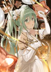 Rule 34 | 1girl, :o, ahoge, akamoku, arm up, balloon, bare shoulders, blush, collarbone, commentary request, cowboy shot, dress, elbow gloves, flower, gloves, gold trim, gradient background, green eyes, green hair, hair flower, hair ornament, hatsune miku, highres, holding, holding balloon, long hair, parted lips, rose, signature, solo, star balloon, twintails, twitter username, vocaloid, white dress, white flower, white gloves, white rose, yellow background