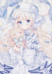 Rule 34 | 1girl, absurdres, blonde hair, blue bow, blue eyes, blush, bow, closed mouth, commentary request, dress, earrings, flower, frilled bow, frills, green bow, grey bow, hair bow, highres, holding, holding stuffed toy, huge filesize, jewelry, kotamun, lolita fashion, long hair, long sleeves, looking at viewer, on head, original, pleated dress, solo, sparkle, striped, striped background, striped bow, stuffed animal, stuffed toy, teddy bear, vertical stripes, very long hair, wavy hair, white bow, white dress, white flower, wide sleeves