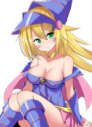 Rule 34 | 1girl, bare shoulders, blonde hair, blue footwear, blush, blush stickers, boots, breasts, choker, cleavage, collarbone, commentary request, dark magician girl, duel monster, green eyes, hat, highres, kirikan (cokekiri), large breasts, long hair, looking at viewer, pentacle, simple background, solo, white background, wizard hat, yu-gi-oh!