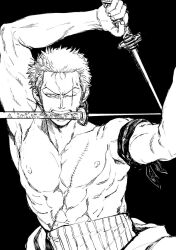 Rule 34 | 1boy, abs, bandana around arm, chief (chiefvinsmoke), earrings, frown, greyscale, highres, holding, holding sword, holding weapon, incoming attack, jewelry, long sideburns, looking at viewer, male focus, monochrome, muscular, muscular male, navel, nipples, one piece, pectorals, roronoa zoro, sanpaku, scar, scar across eye, serious, short hair, sideburns, solo, sword, topless male, triple wielding, upper body, weapon