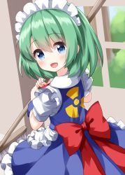 Rule 34 | 1girl, :d, apron, blue eyes, bow, broom, cowboy shot, green hair, highres, holding, holding broom, indoors, looking at viewer, looking back, maid headdress, open mouth, puffy short sleeves, puffy sleeves, radiation symbol, red bow, ruu (tksymkw), ruukoto, short hair, short sleeves, smile, solo, standing, touhou, touhou (pc-98), tree, waist apron, white apron, window