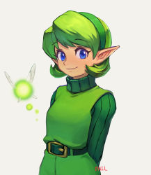 Rule 34 | 1girl, arms behind back, belt, belt buckle, blue eyes, buckle, closed mouth, fairy, green belt, green hair, green hairband, hairband, long sleeves, looking at viewer, nintendo, ohil (ohil822), pointy ears, saria (zelda), short hair, simple background, smile, solo, the legend of zelda, the legend of zelda: ocarina of time, turtleneck, white background