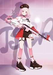 Rule 34 | 1girl, collar, gun, hair ornament, hat, highres, original, pink eyes, pink hair, puppeteer7777, rifle, shoes, skirt, sneakers, sniper rifle, socks, solo, standing, streetwear, tachi-e, valentine, weapon
