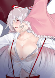 Rule 34 | 2girls, alternate breast size, bad id, bad pixiv id, blush, breasts, center opening, cleavage, collarbone, dress shirt, empty eyes, female focus, fujiwara no mokou, hand on another&#039;s cheek, hand on another&#039;s face, houraisan kaguya, kupala, large breasts, long hair, looking away, lying, multiple girls, navel, nipples, off shoulder, on back, open mouth, outstretched arms, red eyes, see-through, shirt, straight hair, suspenders, tears, touhou, unbuttoned, unzipped, very long hair, wet, wet clothes, white hair, wide sleeves, yuri