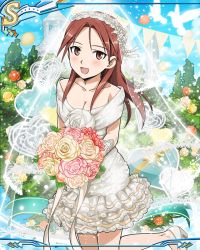 Rule 34 | 1girl, blush, breasts, bridal veil, brown eyes, brown hair, cleavage, dress, long hair, looking at viewer, minna-dietlinde wilcke, official art, smile, solo, strike witches, veil, wedding, wedding dress, world witches series