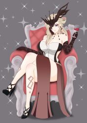 Rule 34 | 1girl, absurdres, blonde hair, breasts, cleavage, earrings, enderg, fishnet gloves, fishnets, genshin impact, gloves, high heels, highres, jewelry, large breasts, mask, mask over one eye, signora (genshin impact), simple background, single earring, sitting, solo, sparkle, throne