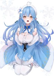Rule 34 | 1girl, :d, absurdres, ahoge, antenna hair, bare shoulders, blue bow, blue bowtie, blue coat, blue hair, blush, bow, bowtie, braid, breasts, butterfly hair ornament, center frills, cleavage, cleavage cutout, clothing cutout, coat, collar, collared shirt, corset, flower, frills, fur-trimmed coat, fur trim, hair flower, hair ornament, hair over shoulder, half updo, heart, heart ahoge, heart antenna hair, highres, hololive, large breasts, long hair, long sleeves, looking at viewer, na-code (gurich), open mouth, pointy ears, ribbon-trimmed legwear, ribbon trim, seiza, shirt, sidelocks, sitting, sleeveless, smile, snowflake background, snowflake print, solo, teeth, thighhighs, upper teeth only, virtual youtuber, white background, white collar, white flower, white thighhighs, yellow eyes, yukihana lamy