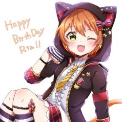 Rule 34 | 1girl, ;), after school cat (love live!), animal ears, animal hood, artist name, artist request, badge, bare legs, bell, black jacket, bow, breasts, buttons, cat ears, cat smile, cat symbol, cat tail, center frills, checkered clothes, checkered skirt, clenched hand, dress, dress shirt, earrings, epaulettes, fake animal ears, female focus, fingerless gloves, frilled shirt, frills, gloves, green eyes, hair between eyes, hood, hood up, hooded jacket, hoodie, hoshizora rin, jacket, jewelry, looking at viewer, love live!, love live! school idol festival, love live! school idol festival all stars, love live! school idol project, miniskirt, necktie, one eye closed, open clothes, open jacket, orange hair, orange necktie, parted lips, plaid, plaid skirt, pleated, pleated skirt, red bow, red skirt, sharp teeth, shirt, short hair, skirt, small breasts, smile, solo, sparkle print, star (symbol), star earrings, star print, striped bow, striped clothes, striped gloves, striped legwear, striped necktie, striped neckwear, tail, tail bell, tail bow, tail ornament, teeth, white background, white shirt, wink, yellow eyes, zipper, zipper pull tab