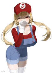 Rule 34 | 1girl, absurdres, baseball cap, blonde hair, blue overalls, breasts, cleavage, cosplay, covering own mouth, gloves, hat, highres, jingburger, large breasts, long hair, long sleeves, looking at viewer, mario, mario (cosplay), mario (series), nintendo, one eye closed, overall shorts, overalls, red eyes, red hat, red shirt, shirt, simple background, skindentation, smile, solo, super mario bros. 1, thighhighs, tsukinuma gohan, twintails, twitter username, virtual youtuber, waktaverse, white background, white gloves, white thighhighs